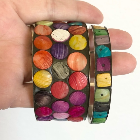 Two Silver Abalone Shell Colorful Inlay Bangle Bracelets - Picture 16 of 16